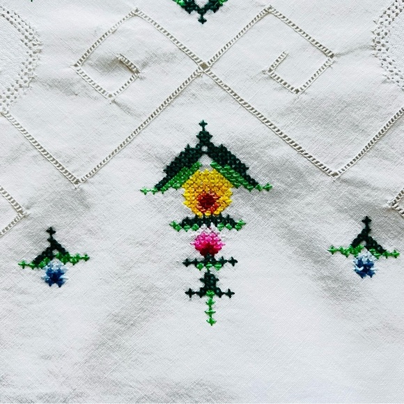 Beautiful Vintage 28” Small Round Hand Embroidered Tablecloth/ table topper - Picture 2 of 5